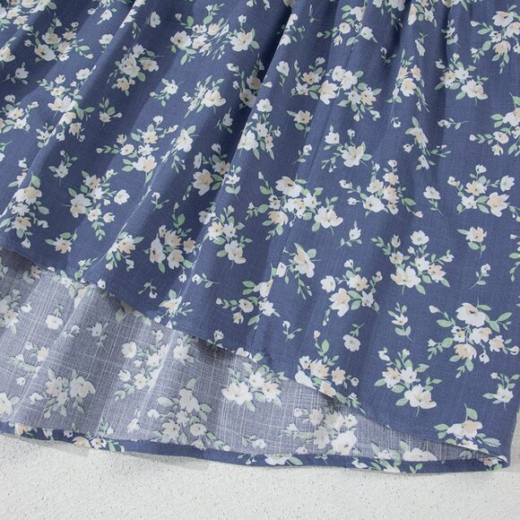 B266 Blue Floral Spaghetti Strap Frilled V Neck Tiered Midi Dress - Picture 14 of 16